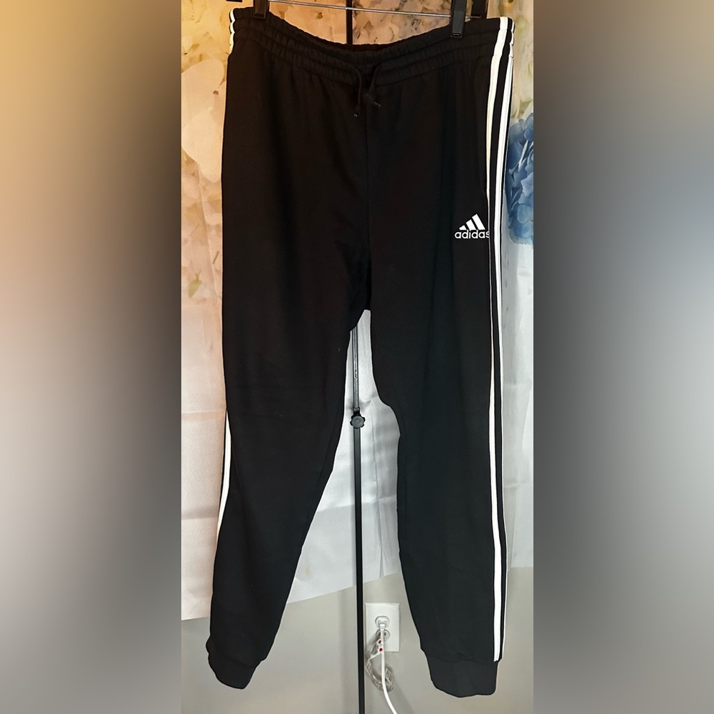 Adidas Men’s Black and White Sweatpants with Iconic Stripes NWOT